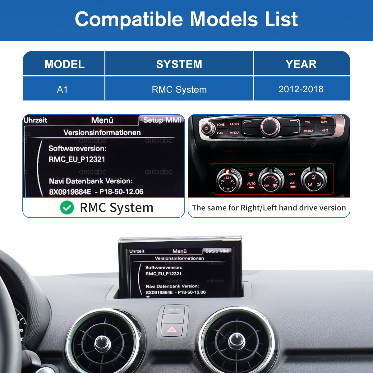 12.3" Linux Screen For Audi A1 HN+/RMC Wireless CarPlay Android Auto