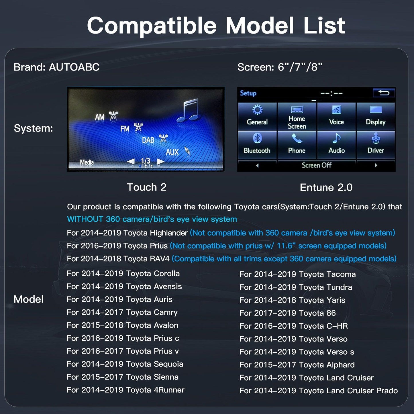 Wireless Carplay Android Auto for Toyota Touch2 Entune2.0 2014-2019 - AUTOABC