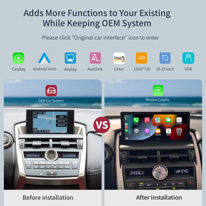 10.25" Linux screen for Lexus NX 2014-2021 Wireless CarPlay Android Auto left rudder