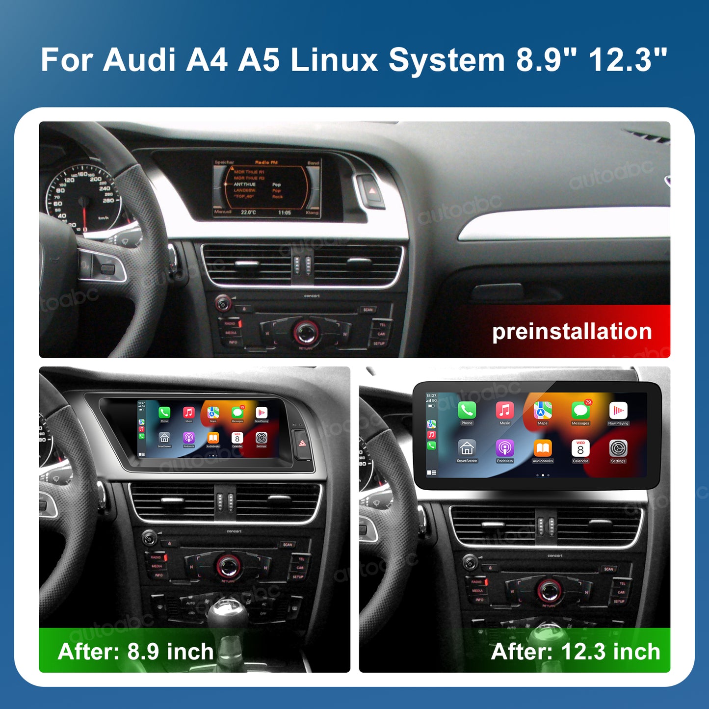 8.9“ Linux Screen For Audi A4 A5 Wireless CarPlay Android Auto left rudder