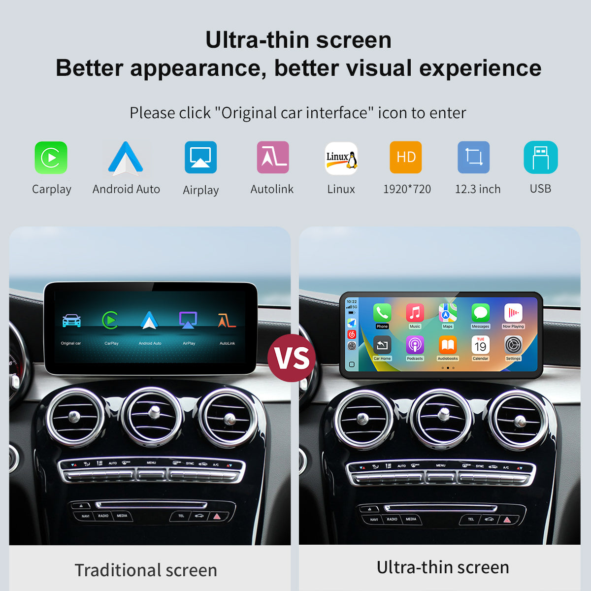 Linux Ultra-thin screen for Mercedes Benz C GLC with NTG5.0 Wireless CarPlay Android Auto