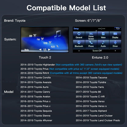 Toyota Wireless Carplay Android Auto Touch2 Entune2.0 2014-2019