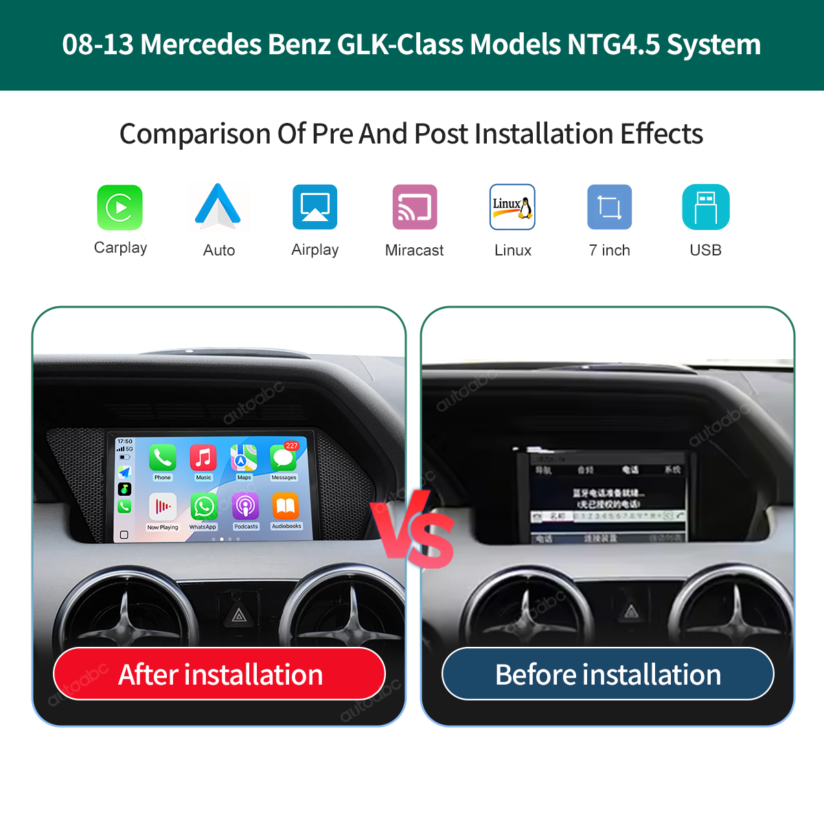 7“ Linux screen for Mercedes Benz GLK NTG4.0/4.5 Wireless CarPlay Android Auto LHD
