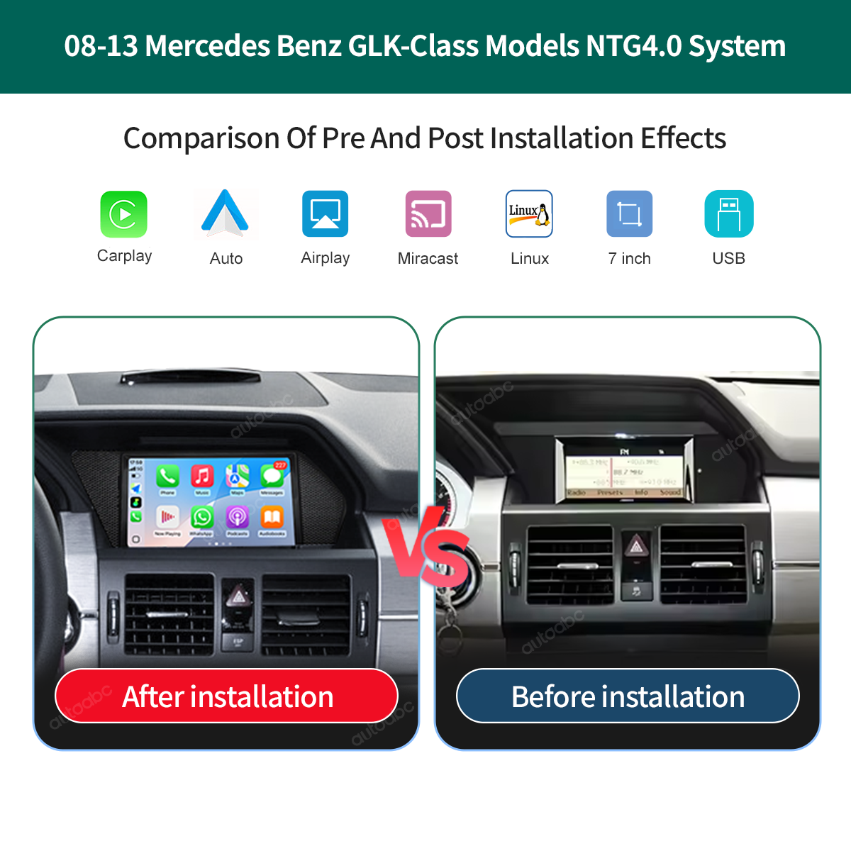 7“ Linux screen for Mercedes Benz GLK NTG4.0/4.5 Wireless CarPlay Android Auto LHD