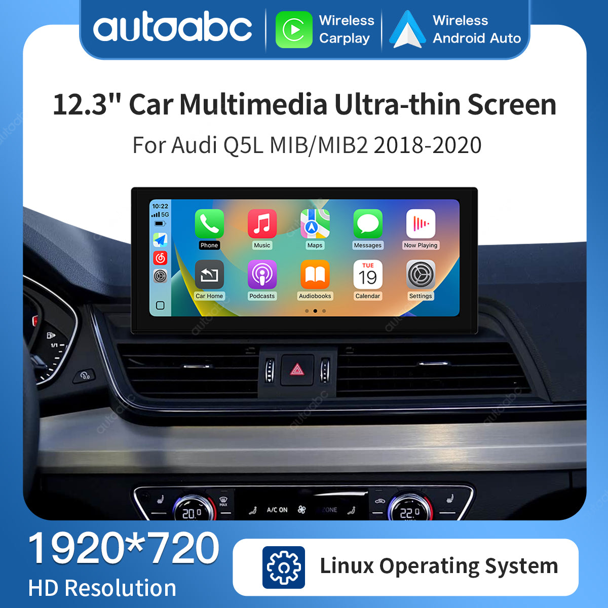 12.3" Linux Screen For Audi Q5L MIB/MIB2 Wireless CarPlay Android Auto