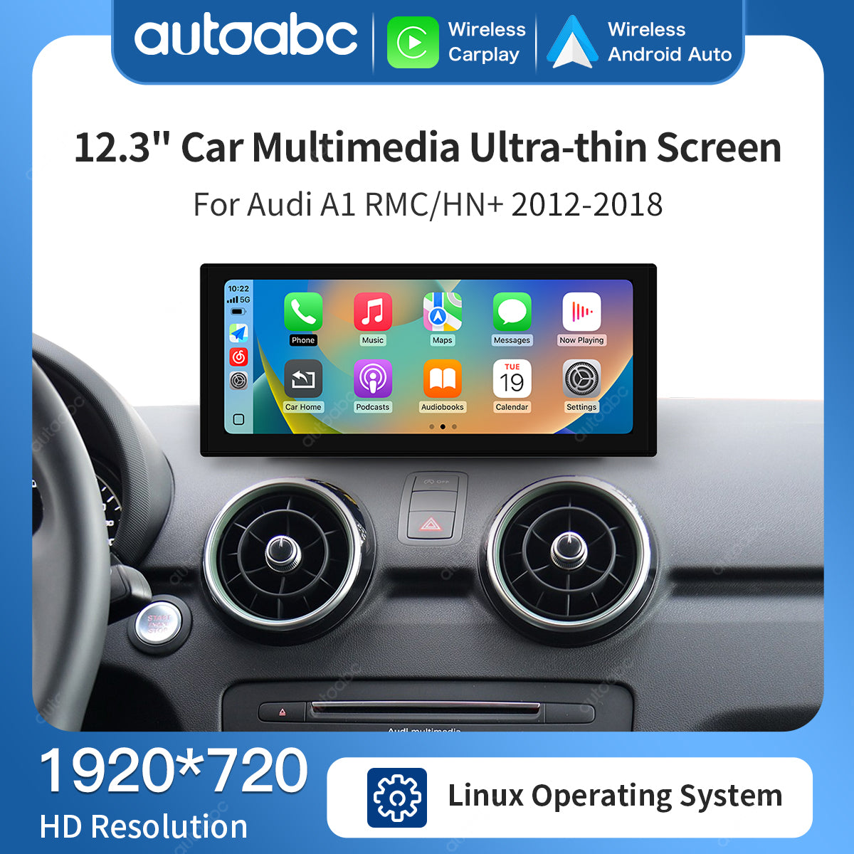 12.3" Linux Screen For Audi A1 HN+/RMC Wireless CarPlay Android Auto