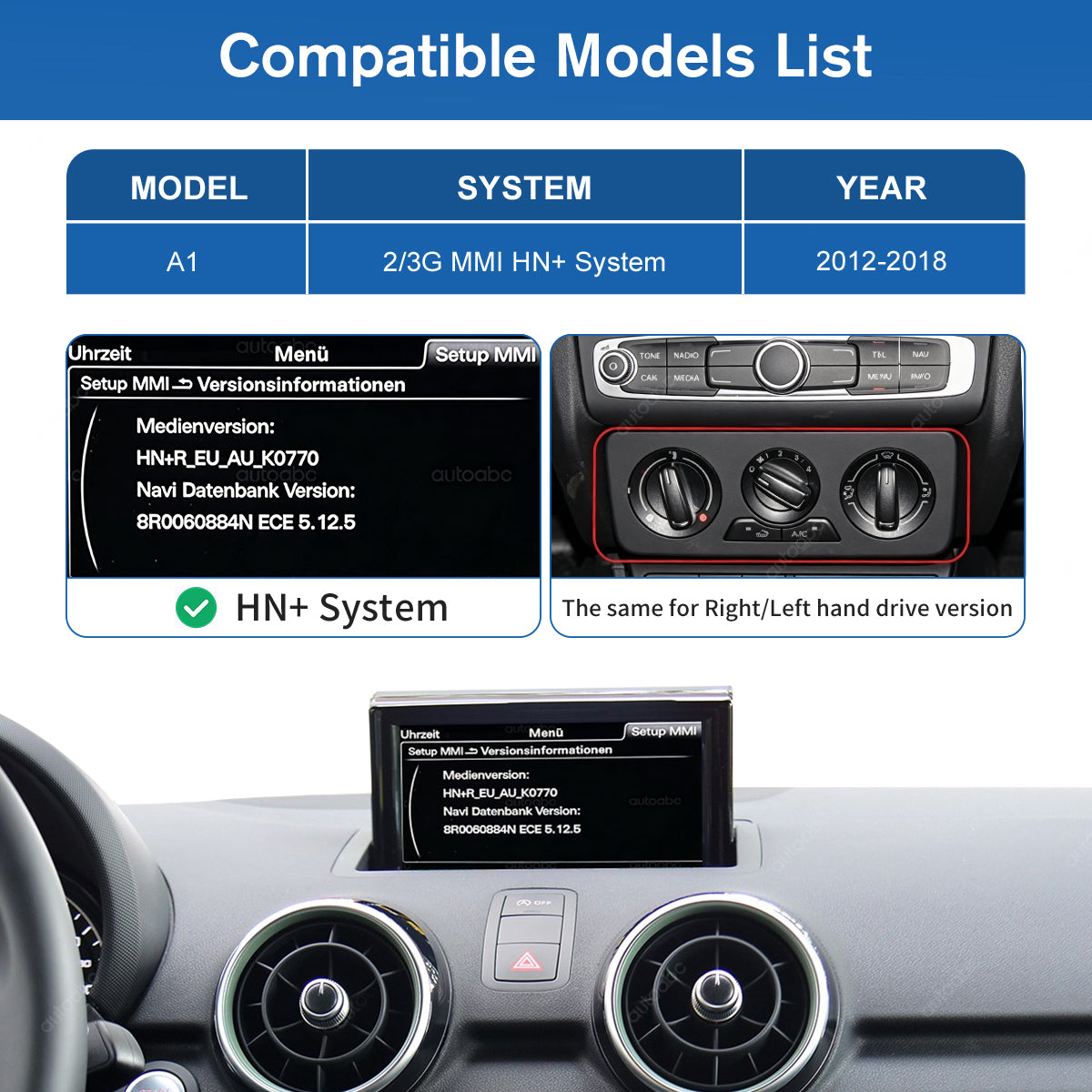 12.3" Linux Screen For Audi A1 HN+/RMC Wireless CarPlay Android Auto