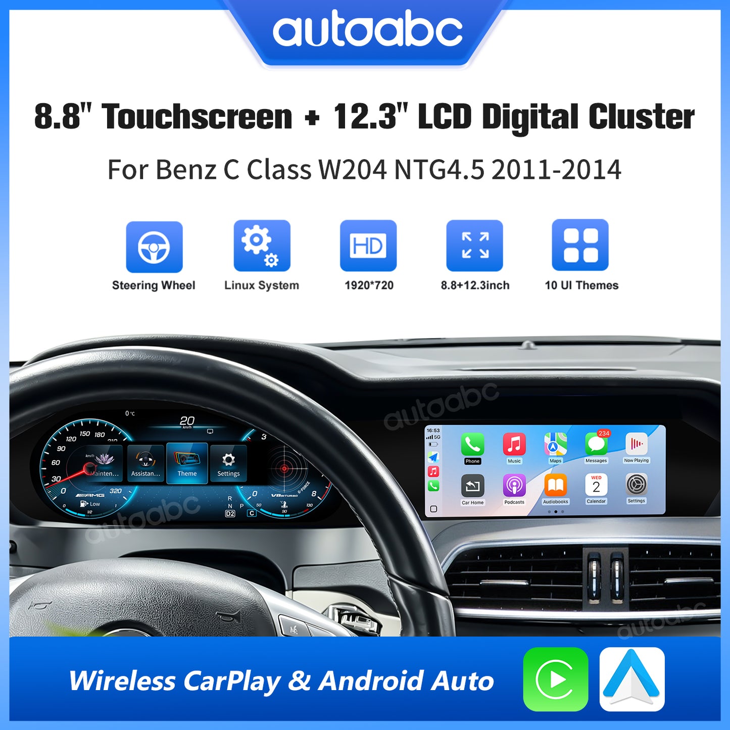 12.3" Panoramic Dual Screen Digital Cockpit for Mercedes-Benz W204 C-Class